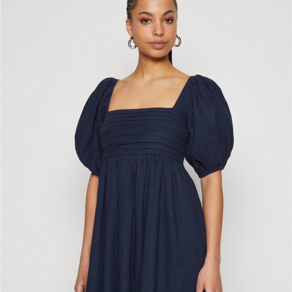 Abercrombie & Fitch Emerson linen- blend navy Puff Sleeve Mini Dress